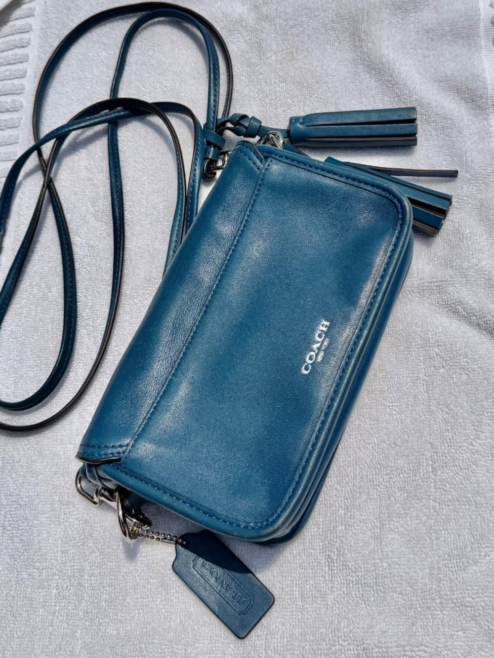 Coach Teal Blue Leather Turnlock Crossbody with double tassels - Picture 6 of 11